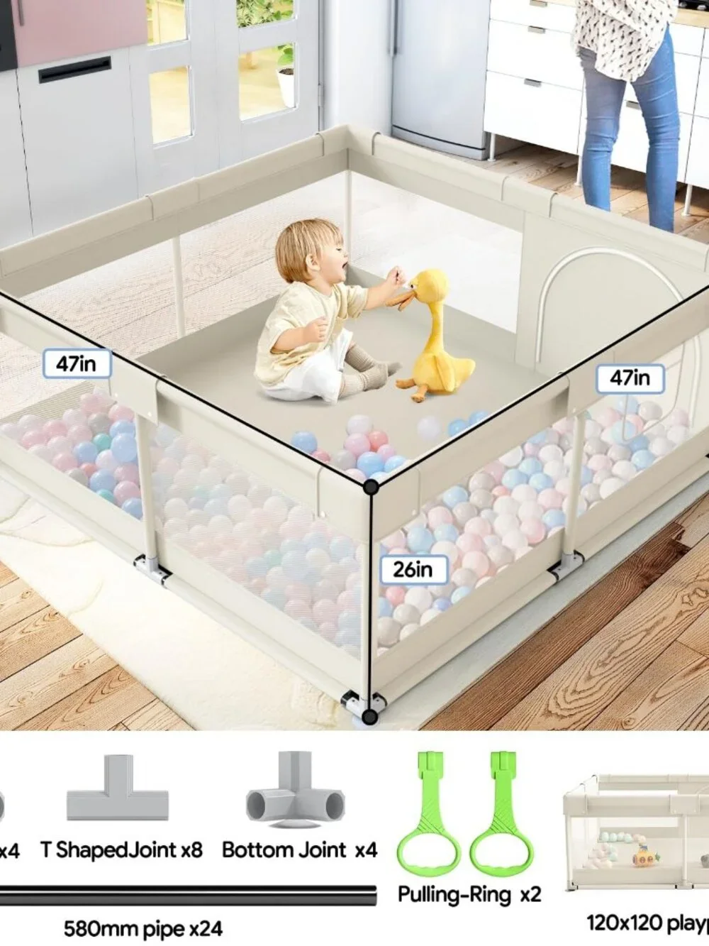 Beige Baby Playpen 47in x 47in x 26in Soft Mesh Safety Fence
